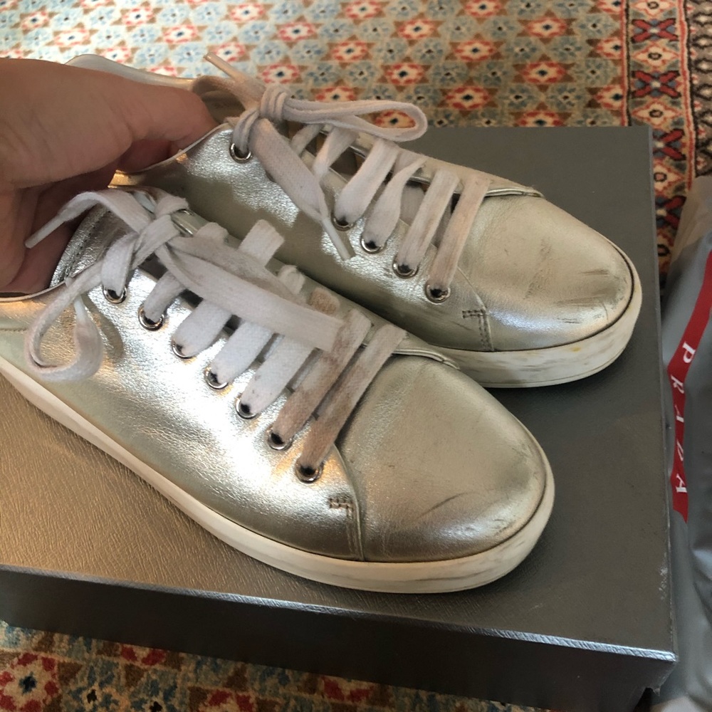 PRADA Metallic Leather Platform Sneakers 7.5 - Picture 10 of 12